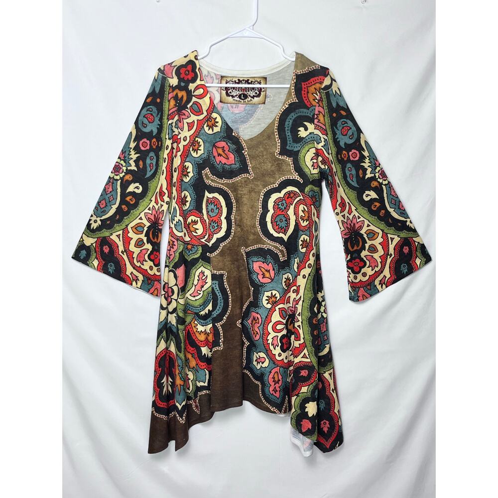 Amma Women's Size Large Multicolored V-Neck 3/4 Sleeve Boho Hippie Chic Dress
